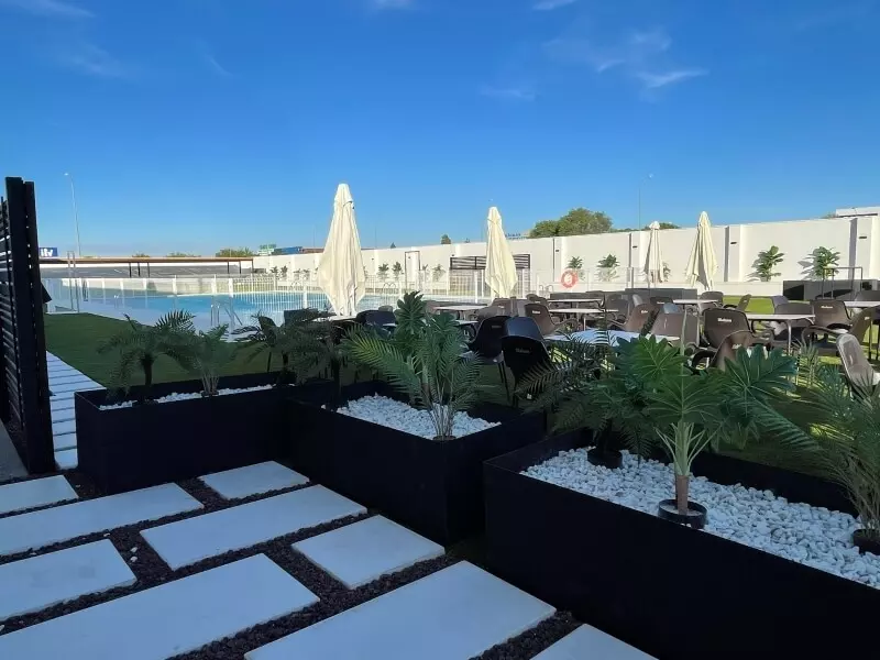 Outdoor pool and seating area